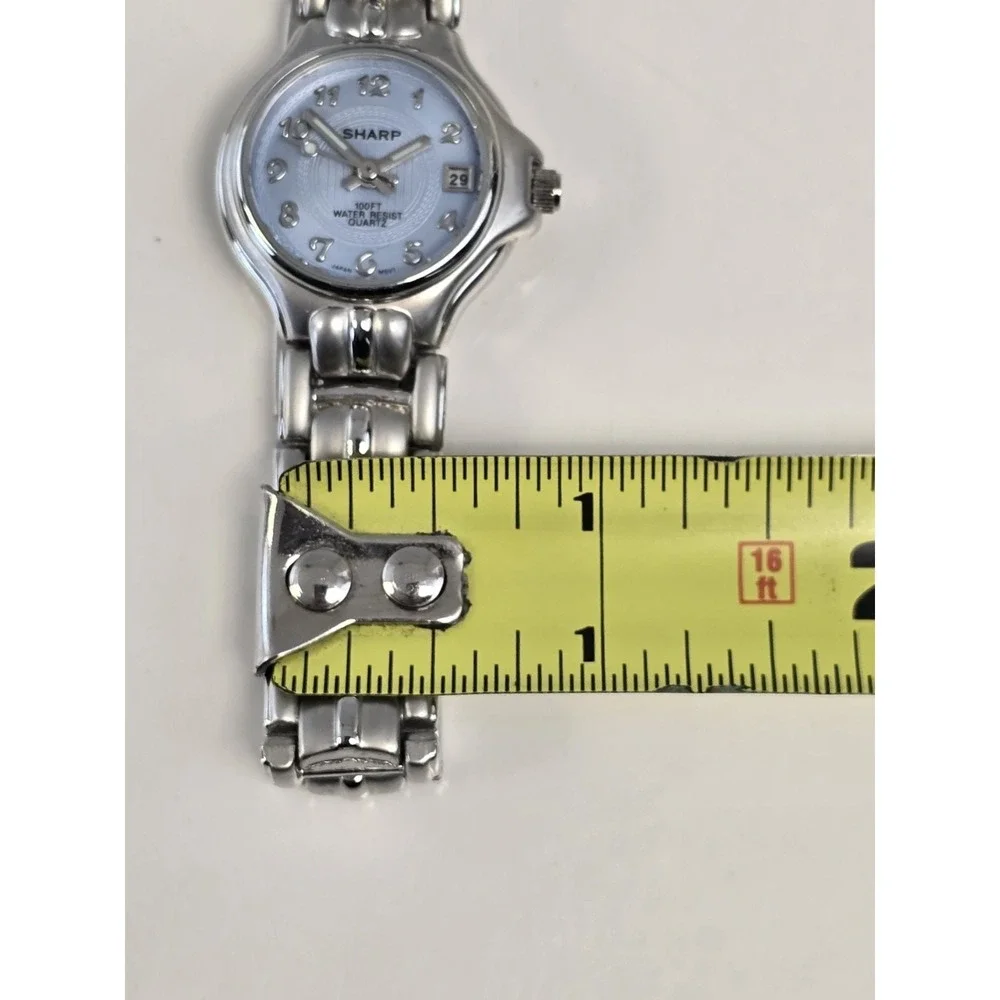 Sharp Purple Dial Date Indicator Silver Tone Round Case Linkn‎ Band Quartz Watch
